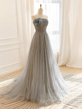 Gray Tulle Sequin Long Evening Prom Dresses, Gray Tulle Long Evening Dresses